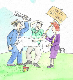 Color cartoon of a land developer getting negative feedback from the media and anti-growth protester.