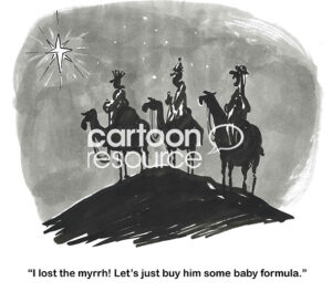 BW cartoon of the three wise men on camels. One lost the myrrh and suggests baby formula instead as the gift for Jesus Christ, Christmas.