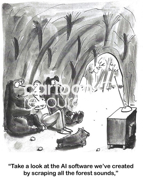 BW cartoon of bears and a man in their cave watching a tv. The bears have used AI to scrape forest sounds so they can play them in their den.
