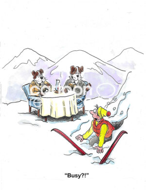 Color cartoon showing two Saint Bernard dogs drinking wine and talking. They are too busy to aid the skier in the snowdrift.