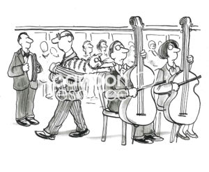 BW cartoon of a cat being carried through a live orchestra. The cat really, really wants to play with the bass's strings.
