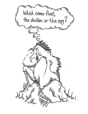 BW cartoon of a rooster, in the pose of 'The Thinker', is trying to determine which came first? The chicken or the egg.