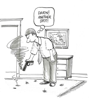 BW cartoon of a professional male eliminating the spots in his carpet with his pistol, not with carpet cleaner.