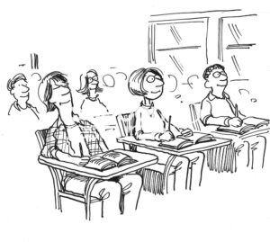 BW cartoon of students in a class, all are paying attention except one boy whose eyes are closed, he is daydreaming.