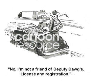 BW cartoon of a dog driving his car on the highway. The Police Officer is not a friend of Deputy Dawg's.