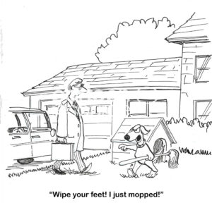 BW cartoon of a dog upset with its owner, who is walking in the dog's yard. The dog just mopped the yard.