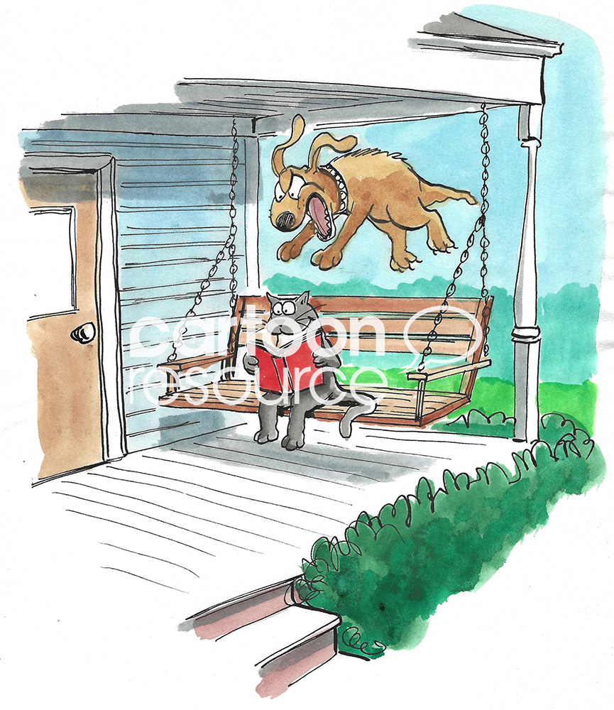Color cartoon of a dog jumping through the air to terrorize the quiet cat that is reading a book.