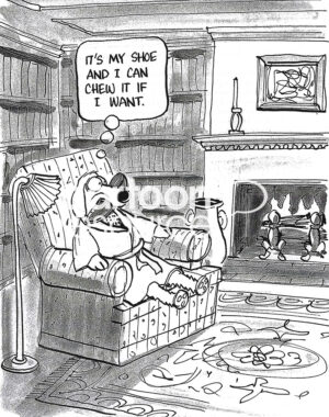 BW cartoon of a dog in its large, beautiful home in an easy chair and chewing its own shoe.
