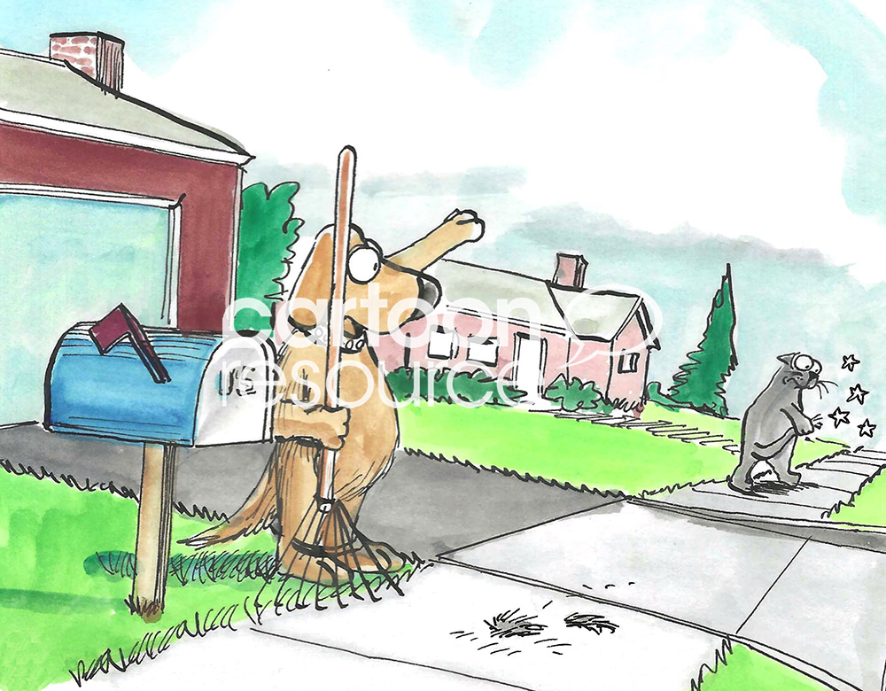 Color cartoon illustration of a dog who hurts a cat's tail, 'just because'.