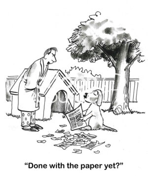 BW cartoon of a dog that has chewed the morning paper before his male owner can read it.