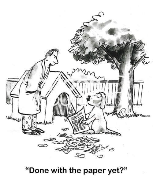 BW cartoon of a dog that has chewed the morning paper before his male owner can read it.