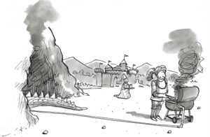 BW cartoon of an innovative knight using the fire from the dragon to light his bbq grill