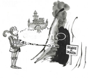 BW cartoons of a knight roasting his marshmallows using the fire from the dragon's breath.
