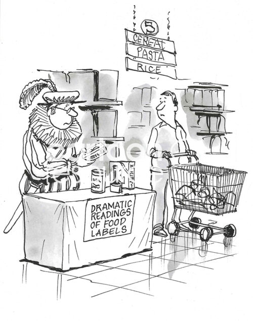 BW cartoon of a Shakespearean actor reading the food labels, in full costume, at the grocery store.