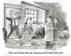 BW cartoon of a wife wanting her husband to go to a black tie event. He is dressed up, but does not want to go. The wife is embarrassed in front of their friends.