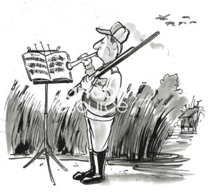 BW cartoon of a hunter following scripted music to call in the ducks.