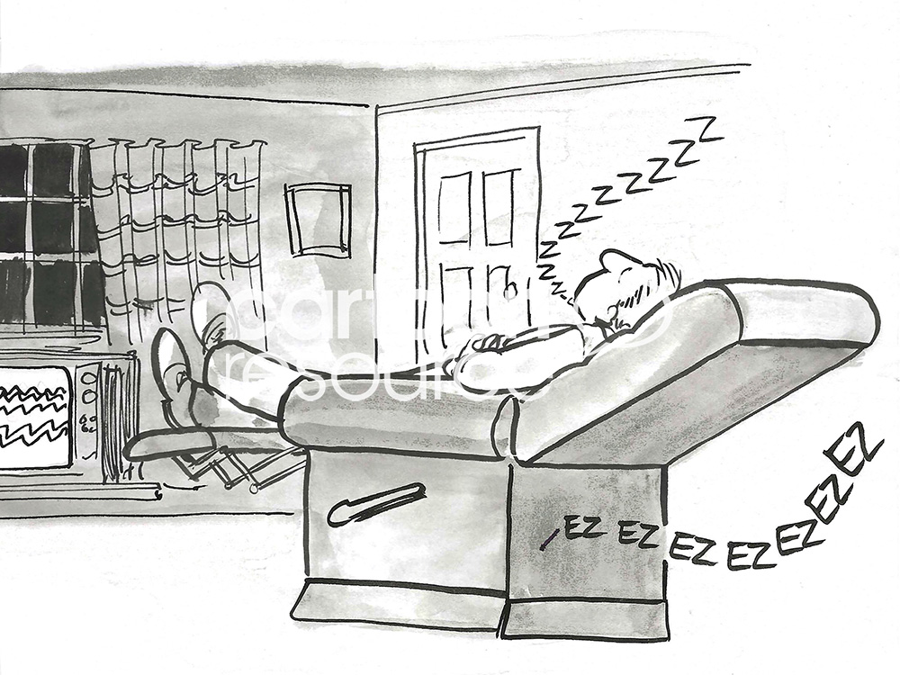 BW cartoon of a man falling asleep while watching tv. His reclining chair is also sleeping