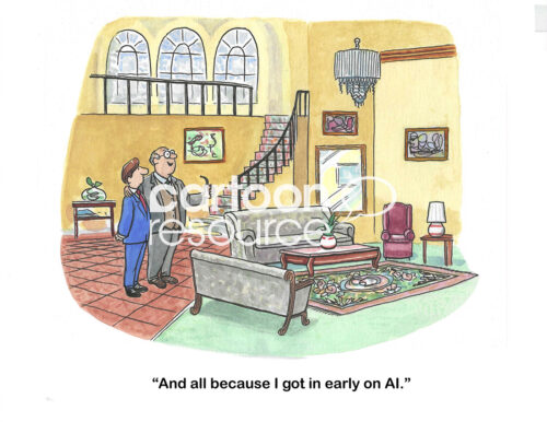 Color cartoon of a wealthy man who states he is wealthy because he got in early on AI.