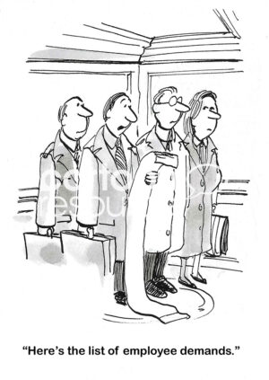 BW cartoon of managers on an elevator. One male manager holds a very, very long list of Employee Demands.