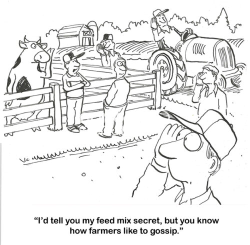 BW cartoon of a farmer who would share his feed mix, but all the other farmers are listening in, they all like to gossip.