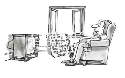 BW cartoon of a lazy husband watching tv and his wife has left a note saying she'll be gone by the end of his favorite tv show.