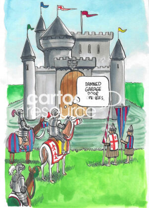 Color cartoon of a knight and his soldiers stuck on land. The knight's clicker to the castle drawbridge has stopped working.