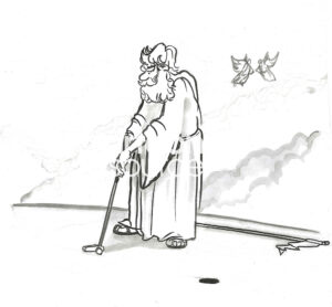 BW cartoon showing that in heaven even God plays golf.