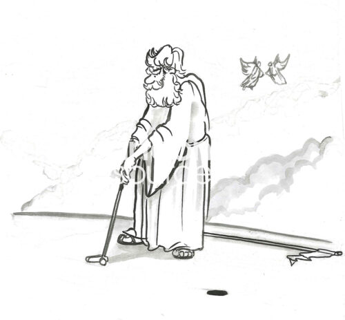 BW cartoon showing that in heaven even God plays golf.