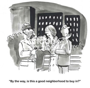 BW cartoon of a couple being mugged at gunpoint. The woman asks the mugger if this is a 'good neighborhood to buy in'.