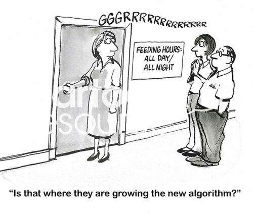 BW cartoon of three office workers excited to find out if this room is where they are 'growing the new algorithm'.