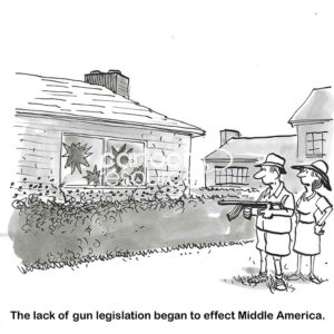 BW cartoon of a gun-crazy professional man shooting out his neighbor's windows.