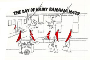 Color cartoon depicting society wearing bananas on their heads. Their hair grows out of the top of the banana.