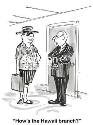 BW cartoon of a salesman from Hawaii, wearing his Hawaiian styles clothes, visiting the mainland office and talking with boss.
