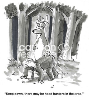 BW cartoon of a deer advising a male human to crouch down, head hunters may be in the area.