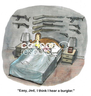 Color cartoon of a couple in bed late at night. The husband stores his many guns above the couple's bed. The husband is eager to hear that his wife thinks she hears a burglar.