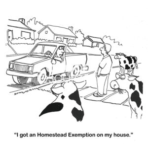 BW cartoon of a homeowner that has dairy cows in his yard. Because of this his neighbor suggests he get a Homestead Exemption.