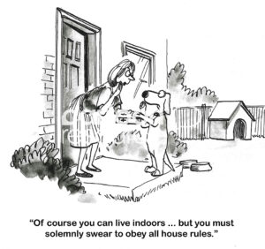 BW cartoon of a dog wanting to live indoors. The woman owner says yes, but the dog must first swear on the Bible to obey house rules