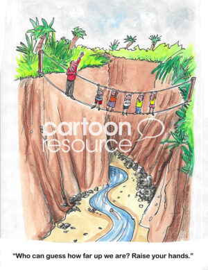 Color cartoon of children crossing a deep ravine on ropes. Their male teacher asks them to raise their hand.