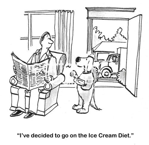 BW cartoon of a family dog telling its owner it has decided to go on an ice cream diet, as the dog holds a popsicle and ice cream cone.