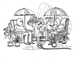 BW cartoon of a married couple who loves relaxing in their indoor garden, even when watering the garden and they are getting wet.