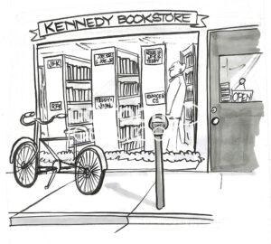 BW cartoon of a 'Kennedy Bookstore'. It has books on each family member.