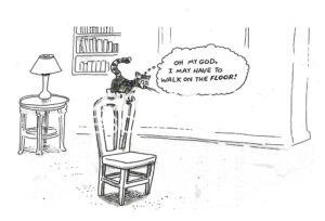 BW cartoon of a kitten that enjoys exploring the furniture, it does not want to walk on the floor.