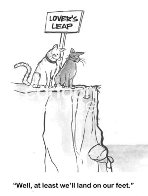 BW cartoon of two cats about to leap off Lover's Leap - at least they will land on their feet.