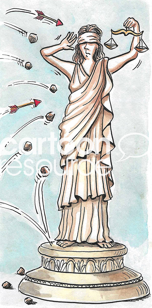 Color cartoon of the Statue of Liberty. Arrows and rocks are being thrown on it. It is under attack.