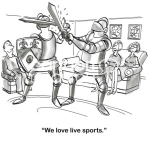 BW cartoon of two knights fighting with their swords in a contemporary family's living room.