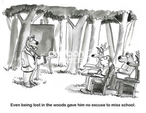 BW cartoon of a young teen boy, lost in the woods. He thought he would not have to go to school, but he has been brought to the school the wild animals attend.