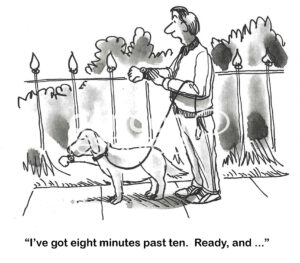 BW cartoon of a man and his dog, syncing their watches, prior to their run.