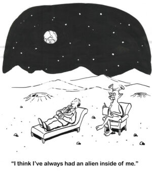 BW cartoon of a human on Mars. He tells the alien psychiatrist that the human feels he has 'an alien inside me'.