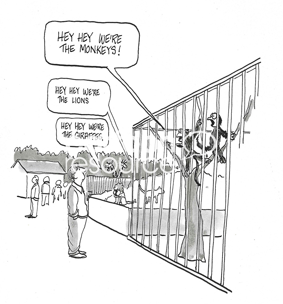 BW cartoon of a male zoo visitor listening to all the zoo animals sing the same song.