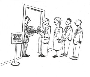 BW cartoon illustration showing a male boss handing out cash to executive employees, 'Motivation and the Mid-Level Executive'.